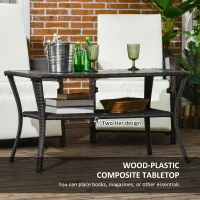 Outsunny Outdoor Patio PE Rattan Coffee Table with Storage Shelf, Wicker Side Table with Glass Top, Black(m-5)