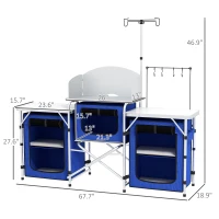 Outsunny Aluminum Camping Kitchen, Portable Folding Camping Table with Fabric Cupboards, Windshield, Bag for BBQ, Picnic, Blue(m-3)