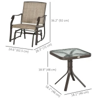 Outsunny 3 Piece Patio Glider Set Outdoor Gliders with Breathable Mesh Seat, Glass Top Table for Garden, Yard, Mixed Brown(m-3)