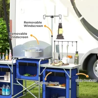 Outsunny Aluminum Camping Kitchen, Portable Folding Camping Table with Fabric Cupboards, Windshield, Bag for BBQ, Picnic, Blue(m-5)