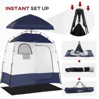 Outsunny Outdoor Portable Pop Up Shower Tent Changing Tent Privacy Enclosure with 2 Rooms, Shower Bag, Floor for Camping, Blue(m-6)
