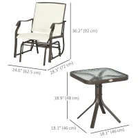 Outsunny 3 Piece Patio Glider Set Outdoor Gliders with Breathable Mesh Seat, Glass Top Table for Garden, Yard, Cream White(m-3)