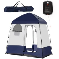 Outsunny Outdoor Portable Pop Up Shower Tent Changing Tent Privacy Enclosure with 2 Rooms, Shower Bag, Floor for Camping, Blue(m-2)