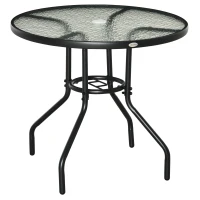 Outsunny 31.5" Round Outdoor Dining Table Coffee Side Bistro Table with Umbrella Hole, Glass Top, Steel Frame for Garden, Patio(m-2)