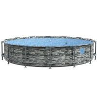 Outsunny Round Above Ground Pool, Metal Frame Pool with Cartridge Filter Pump and Repair Patch, 14' x 33", Gray Brick(m-1)