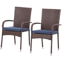 Outsunny Stackable PE Rattan Outdoor Dining Chairs with Cushion, Patio Wicker Dining Chair with Armrests & Backrest, Blue(m-1)