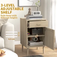 HOMCOM Boho Bedside Tables Set of 2, Nightstands with Drawer, Rattan Cabinet, Adjustable Shelf for Bedroom, Living Room, Oak(m-6)
