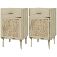 HOMCOM Boho Bedside Tables Set of 2, Nightstands with Drawer, Rattan Cabinet, Adjustable Shelf for Bedroom, Living Room, Oak(m-2)