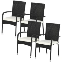 Outsunny Stackable 4 PE Rattan Outdoor Dining Chairs with Cushions, Patio Wicker Dining Chairs with Armrests & Backrest, Cream White(m-1)