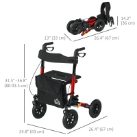 HOMCOM Rollator for Seniors with Seat, Rubber Wheels, Aluminum Folding Rolling Walker with Adjustable Handle, Bag, Red(m-3)