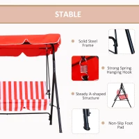 Outsunny 3-Seater Outdoor Porch Swing with Adjustable Canopy, Patio Swing Chair for Garden, Poolside, Backyard, Red and white(m-4)
