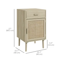 HOMCOM Boho Bedside Tables Set of 2, Nightstands with Drawer, Rattan Cabinet, Adjustable Shelf for Bedroom, Living Room, Oak(m-3)