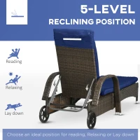 Outsunny Patio Wicker Chaise Lounge Chair Set of 2 with Table, 5-Level Adjustable Backrest, Wheels, Cushion & Headrest, Blue(m-5)