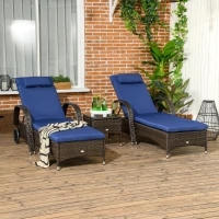 Outsunny Patio Wicker Chaise Lounge Chair Set of 2 with Table, 5-Level Adjustable Backrest, Wheels, Cushion & Headrest, Blue(m-2)