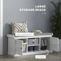 HOMCOM Shoe Storage Bench with Cushioned Seat, Entryway Bench Seat with 2 Cabinets and Adjustable Shelf for Hallway, White(m-5)