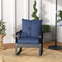 Outsunny 2 Piece Outdoor Wicker Rocking Chairs Rattan Porch Rockers with Cushions, Aluminum Frame for Garden, Patio, Blue(m-8)