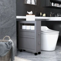 Slim Narrow Wood Rolling Bathroom Floor Cabinet, Space-Saving Side Storage with Shelves, Ideal for Small Spaces, Gray(m-1)