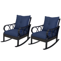 Outsunny 2 Piece Outdoor Wicker Rocking Chairs Rattan Porch Rockers with Cushions, Aluminum Frame for Garden, Patio, Blue