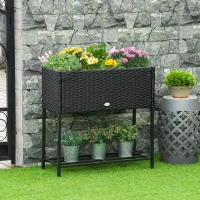 Outsunny Rattan Raised Garden Boxes, Elevated Flower Beds with Storage Shelf for Herbs, Flowers, Vegetables, Black(m-14)