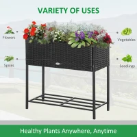 Outsunny Rattan Raised Garden Boxes, Elevated Flower Beds with Storage Shelf for Herbs, Flowers, Vegetables, Black(m-4)