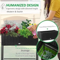 Outsunny Rattan Raised Garden Boxes, Elevated Flower Beds with Storage Shelf for Herbs, Flowers, Vegetables, Black(m-6)
