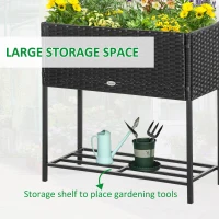 Outsunny Rattan Raised Garden Boxes, Elevated Flower Beds with Storage Shelf for Herbs, Flowers, Vegetables, Black(m-7)