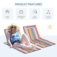 Outsunny Set of 2 Beach Lounge Chair Sun Lounger Beach Mat, Padded Folding Ground Mat Lounge Chair w/Adjustable Back, Steel Frame, Head Pillow and Carry Bag for Backyard Lakeside, Colorful Stripes(m-7)