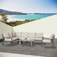 Outsunny 6-Piece L-shaped Patio Furniture Set for 7, Aluminium Conversation Set Sectional Corner Sofa Set with Widened Seat, Teak Wood Top Coffee Table & Cushions, Cream White(m-1)