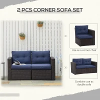 Outsunny 2 Pieces Patio Furniture Set Outdoor Loveseat Wicker Corner Sofa Set Outdoor Freely Combination PE Rattan Furniture, W/ Curved Armrests & Padded Cushion for Balcony, Garden, Lawn, Dark Blue(m-7)