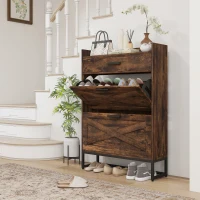 HOMCOM Industrial Narrow Shoe Cabinet - Space-Saving Entryway Shoe Organizer with 2 Flip Drawers & Adjustable Shelves, Rustic Brown, Stores 12 Pairs(m-1)