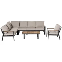 Outsunny 6-Piece L-shaped Patio Furniture Set for 7, Aluminium Conversation Set Sectional Corner Sofa Set with Widened Seat, Teak Wood Top Coffee Table & Cushions, Cream White(m-2)