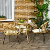 Outsunny 4 Pieces Rattan Dining Set with Storage Basket, Tempered Glass Table Top, for Garden, Backyard, Balcony, Light Brown(m-1)