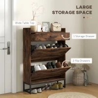 HOMCOM Industrial Narrow Shoe Cabinet - Space-Saving Entryway Shoe Organizer with 2 Flip Drawers & Adjustable Shelves, Rustic Brown, Stores 12 Pairs(m-3)