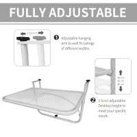 Outsunny Adjustable Balcony Hanging Railing Table, Metal Mounting Mini Wall Desk Storage Rack, Outdoor Flower Stand Serving Table Rectangle, White(m-4)