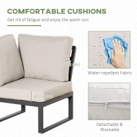 Outsunny 6-Piece L-shaped Patio Furniture Set for 7, Aluminium Conversation Set Sectional Corner Sofa Set with Widened Seat, Teak Wood Top Coffee Table & Cushions, Cream White(m-5)