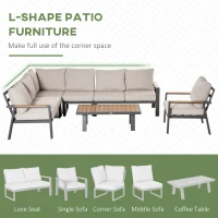 Outsunny 6-Piece L-shaped Patio Furniture Set for 7, Aluminium Conversation Set Sectional Corner Sofa Set with Widened Seat, Teak Wood Top Coffee Table & Cushions, Cream White(m-4)