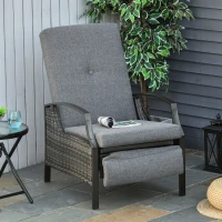 Outsunny Outdoor Rattan Recliner Chair, Wicker Reclining Chair with Adjustable Back Retractable Footrest Cushion Grey(m-1)