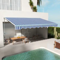 Outsunny 16.5' x 10' Electric Awning, Retractable Awning with LED Lights and Remote Controller for Door and Window, Blue/White(m-2)
