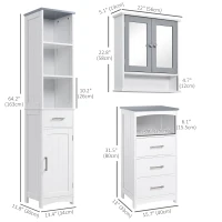 kleankin 3-Piece Bathroom Furniture Set, Tall and Small Floor Cabinets, Wall Mount Medicine Cabinet with Mirror, Narrow Bathroom Storage Cabinet with Drawers and Shelves, White(m-3)