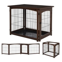 PawHut Wooden Decorative Dog Cage Pet Crate Fence Side Table Small Animal House with Tabletop, Lockable Door, Brown(m-2)