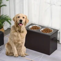 PawHut Elevated Dog Bowls for Large Dogs with Storage 2 Stainless Steel Dog Bowls， Elevated Base for Large Dogs, Coffee(m-1)