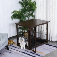 PawHut Wooden Decorative Dog Cage Pet Crate Fence Side Table Small Animal House with Tabletop, Lockable Door, Brown(m-1)