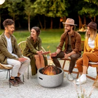 Outsunny 18" Round Outdoor Fire Pit Firepit Fireplace Wood-burning with Spark Screen Poker for Backyard Camping Bonfire, Grey(m-1)