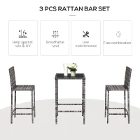 Outsunny 3 Piece Patio Bar Set Wicker Rattan Garden Bistro Set Barstool and Table for Patio Backyard Balcony Poolside, Grey(m-4)