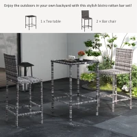 Outsunny 3 Piece Patio Bar Set Wicker Rattan Garden Bistro Set Barstool and Table for Patio Backyard Balcony Poolside, Grey(m-6)