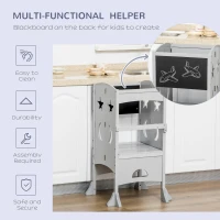 Qaba Kids Step Stool, Foldable Kitchen Helper with Blackboard and Lockable Handrail, for Toddler 3-6 Years Old, Grey(m-7)