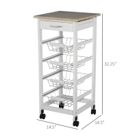 HOMCOM Mobile Kitchen Cart, Rolling Kitchen Island with Storage, Solid Wood Frame Utility Cart with Wire Fruit Baskets and Drawer, White(m-3)