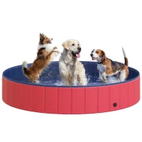 PawHut Folding Dog Pool Portable Pet Kiddie Swimming Pool, Outdoor/Indoor Puppy Bath Tub with Nonslip Bottom for Dogs & Cats,  (Φ63", Red)(m-2)