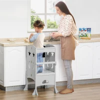 Qaba Kids Step Stool, Foldable Kitchen Helper with Blackboard and Lockable Handrail, for Toddler 3-6 Years Old, Grey(m-1)