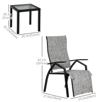 Outsunny Lounger Chair Set of 3 with 7-Level Adjustable Backrest, 5-Level Adjustable Footrest, Patio Chaise Lounge with Glass Top Side Table, Grey(m-3)